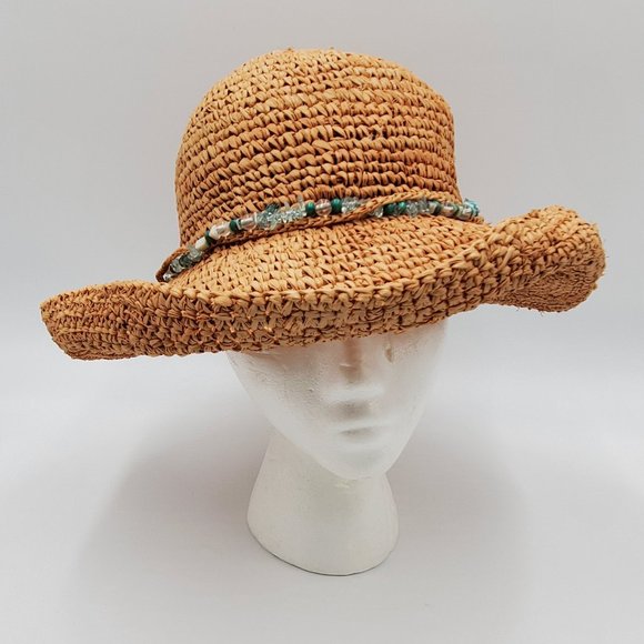 Scala Accessories - Scala Raffia Hat with turquoise & clear beads